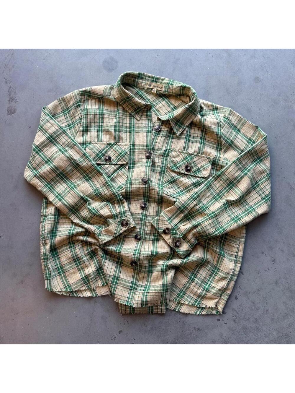 Vintage Democracy Boxy Green and beige plaid button up shirt w Raw Hem (Medium)